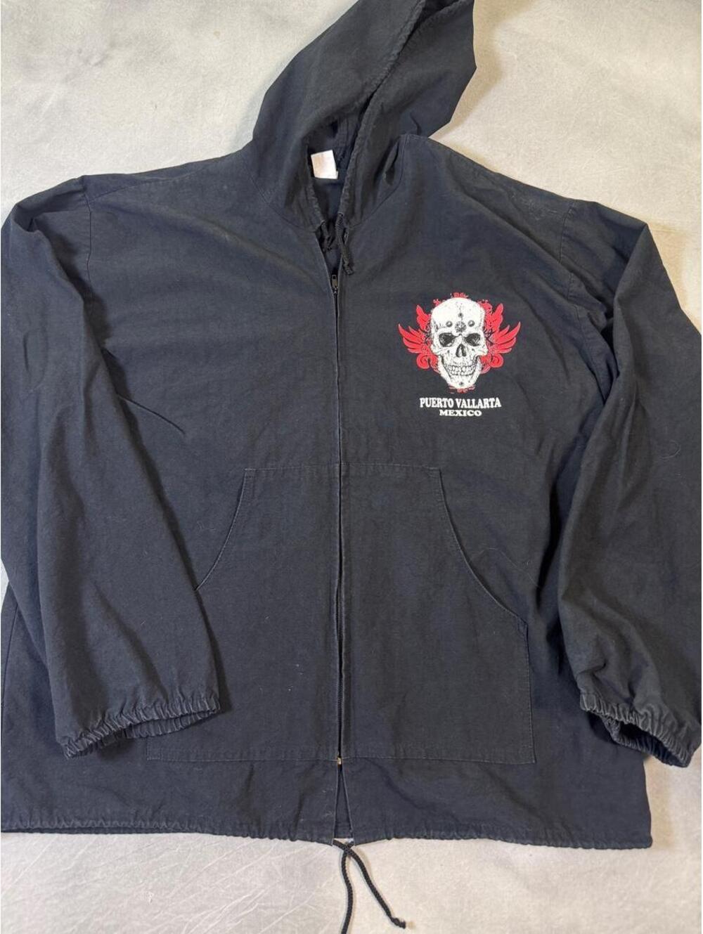 Vintage style Puerto Vallarta Mexico Skull Graphic Black Zip-Up Hooded Jacket